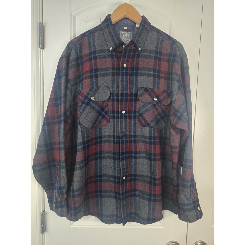 Outdoor Exchange Mens‎ Large Plaid Flannel Button Down Shirt Grey Burgundy Blue